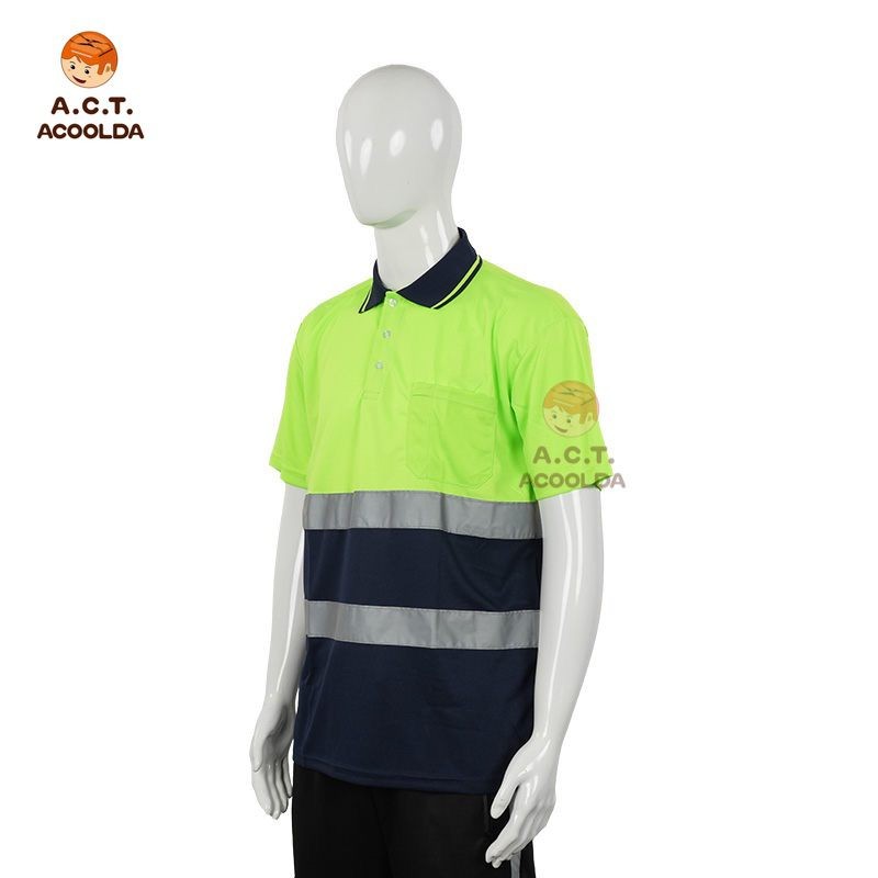 short sleeve reflective polo shirt, breathable summer workwear polo, courier uniform polo with reflective stripes, custom logo hi-vis polo wholesale, delivery rider safety polo, lightweight reflective shirt supplier, OEM reflective short sleeve polo,