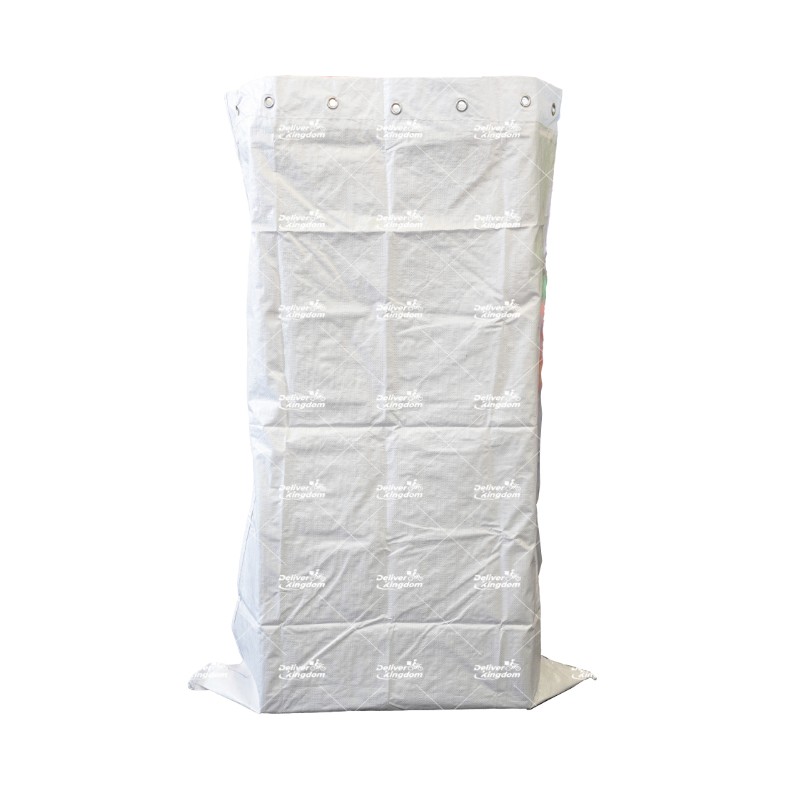 grommeted hanging parcel sorting sack, hanging logistics bag, postal sorting sack, warehouse rack bag, roll cage hanging bag, parcel collection sack, white woven sorting bag, logistics sack with metal eyelets, hanging courier bag, warehouse sorting s