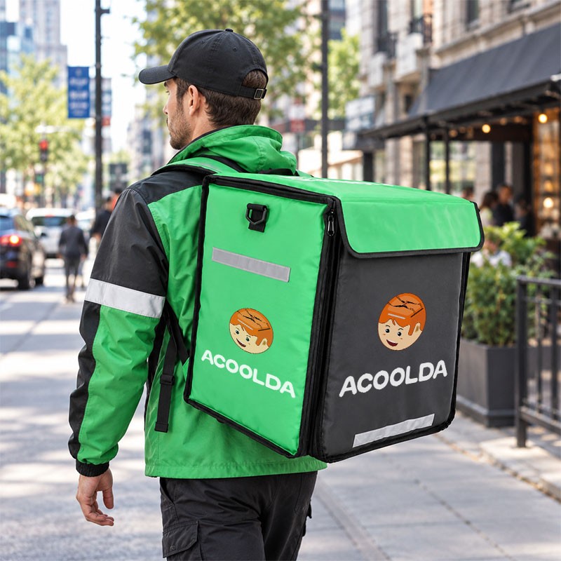 48L compact food delivery backpack, green and black delivery bag, urban restaurant courier backpack, delivery backpack with carry strap, 30cm depth food courier bag, compact takeaway backpack, cafe delivery backpack, 500D PVC compact delivery bag, re